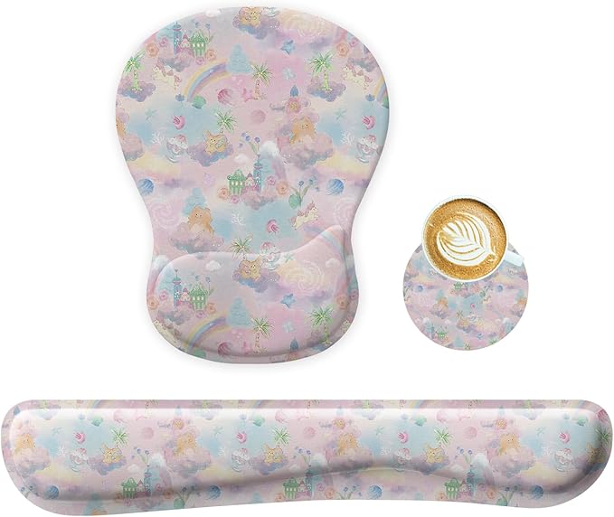 Wrist Rest Support for Mouse Pad Keyboard Set Circle Coaster Gaming Mouse Pad Ergonomic Gel Memory Foam Set for Computer, Laptop, Office, Pain Relief, Comfortably Typing Cute KM-37