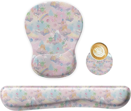 Wrist Rest Support for Mouse Pad Keyboard Set Circle Coaster Gaming Mouse Pad Ergonomic Gel Memory Foam Set for Computer, Laptop, Office, Pain Relief, Comfortably Typing Cute KM-37