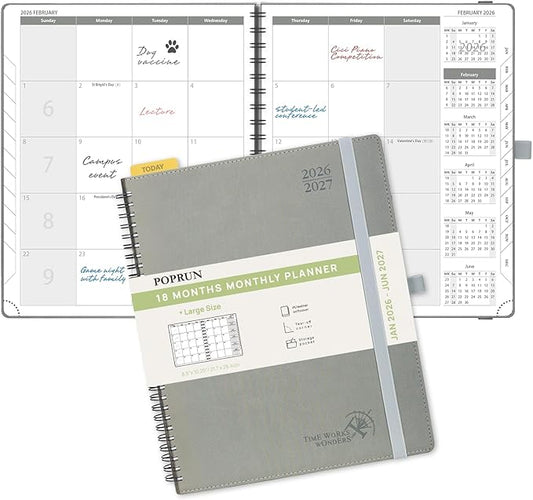 POPRUN Monthly Planner 2026-2027 (Large 8.5" x 10.5") 18 Months Calendar (Jan 2026 - Jun 2027) - 4 Pages per Month with Expense & Notes, Stair-like tabs, Leather Cover, Sunday Starts - Grey