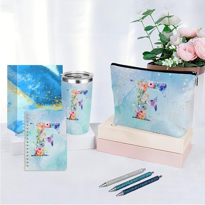 Personalized Gifts Monogrammed Birthday Gifts for Women, Aunt Grandma Retirement Christmas Initial 20 oz Tumbler, Makeup Bag Cup Ballpoint Pens Journal Notebook 6 Set, (Aesthetic Blue Flower F)