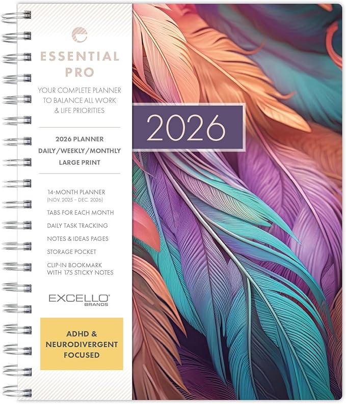 Essential PRO 2026 Daily, Weekly & Monthly Planner, 7"x9": 14 Months (Nov 2025 - Dec 2026) Monthly Tabs,Daily Tracking,Notes Pages,Storage Pocket,Bookmark w Sticky Notes (Pastel Peacock)