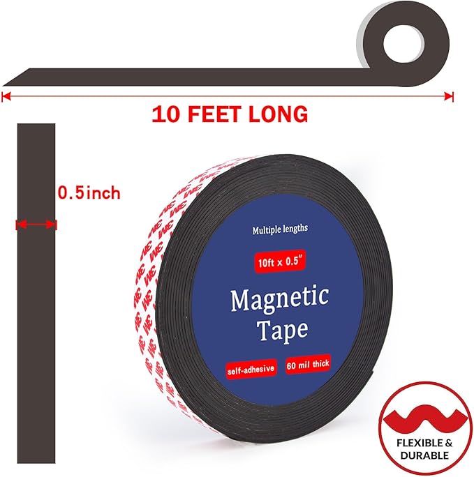 10 Feet x1/2 in Magnetic Tape Strips Roll with 3M Adhesive Backing, Flexible Sticky Magnet Tape for Lightweight Craft DIY Projects, Whiteboards and Fridge Organization (0.06" Thick)