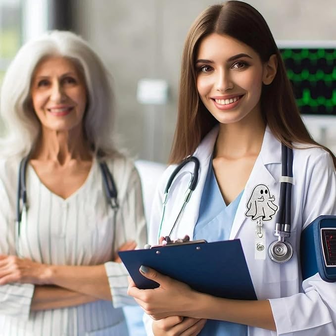 Halloween Badge Reel Funny Middle Finger Ghost Designs Cute Glitter Spooky Acrylic ID Clip Badge Holder with Alligator Clip for Nurse Nursing RN CNA LPN Medical Worker & Office Staff Gift