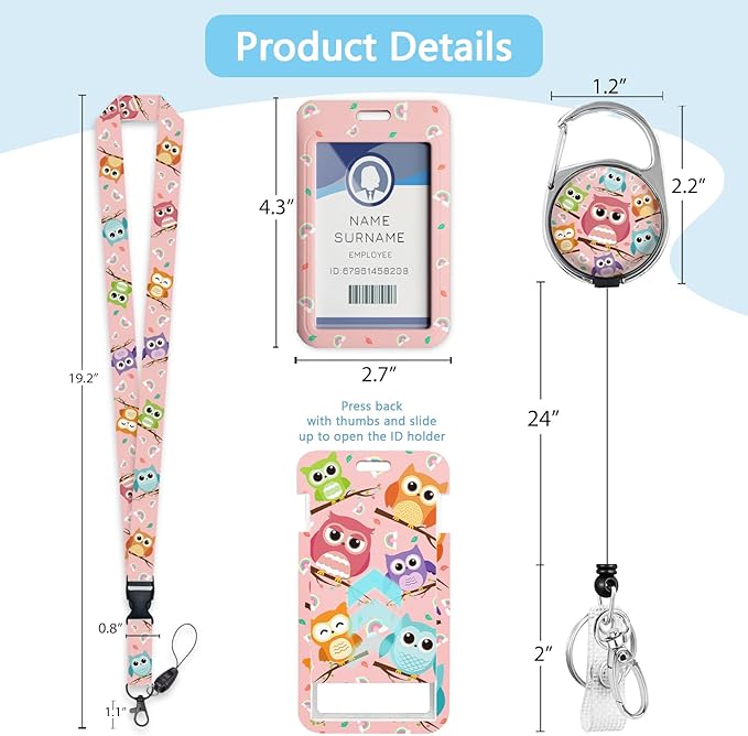 Gctriki Cute Owls Teacher Appreciation Gifts - Retractable ID Badge Holder with Lanyard & 360° Carabiner Clip, Heavy Duty Badge Reel Keychain Nurse School Office Accessories for Women Teachers