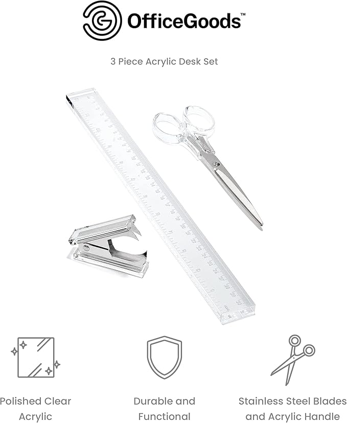 OfficeGoods 3 Piece Acrylic Desk Set - Includes Ruler, Staple Remover, Scissors - Functional & Elegant Desk Accessories - Stationary Tools for Home, Office, and School - Silver