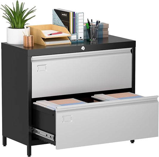 SUXXAN Metal 2 Drawer Lateral File Cabinet with Lock & Adjustable Feet - Wide Filing Cabinet for Letter/Legal/F4/A4 Hanging Files - Includes Business Card Holder,Home Office School Storage,Black/Grey
