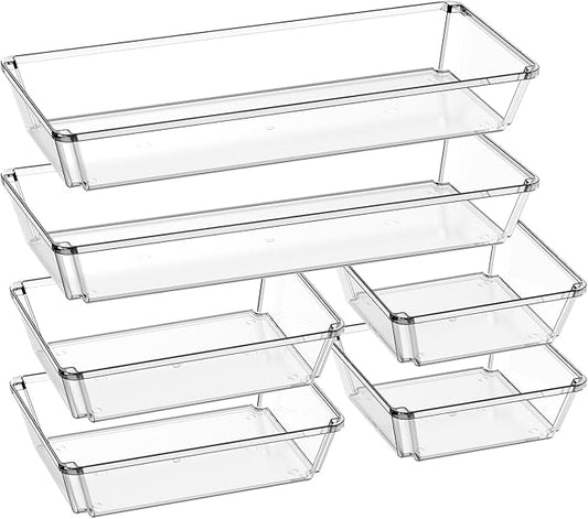 6 Pack Large Clear Plastic Drawer Organizer Trays, Desk Drawer Organizers and Storage Dividers, Non-Slip Storage Bins for Jewelry, Snacks, Office, Bathroom, Bedroom and Kitchen