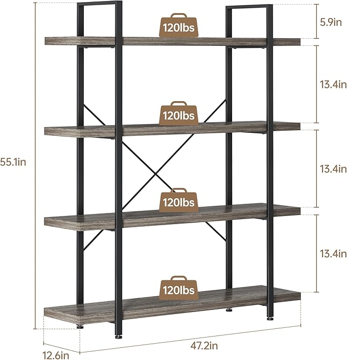 Heavy Duty 4-Tier Industrial Bookcase, 47" Wide Wood Bookshelf for Home Office, 120lbs Shelf Capacity, Rustic Shelving Display with Reinforced Horizontal Shelf for Living Room Bedroom,Grey