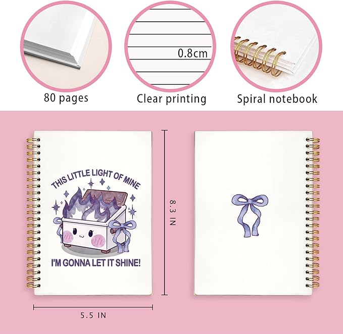 Cute Dumpster Fire Notebook Journal for women, Purple Bow Cute Spiral Notebooks for Women Girls,Dumpster Fire Gifts, Funny Office Gifts for Coworkers, 5.5x8.3 Inch