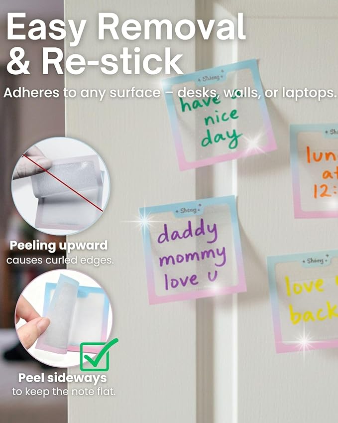 200pcs Glitter Sticky Notes, Transparent Sticky Notes with Pink Blue Iridescent Edge, Cute Self-Adhesive Memo Pads for Office, School & Home Stationery (4 pack-50pcs/1pack)