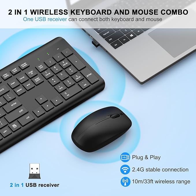 Wireless Keyboard and Mouse Combo, Full Size Silent Ergonomic Keyboard and Mouse, Long Battery Life, Optical Mouse, 2.4G Lag-Free Cordless Mice Keyboard for Computer, Mac, Laptop, PC, Window(2 Pack)