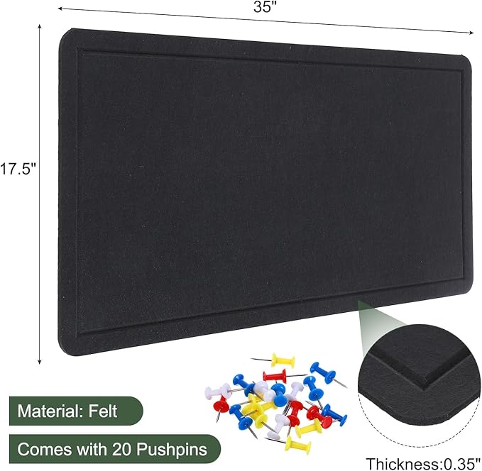 YOKIVE Felt Bulletin Board, 35 x 17.5 -Inch Foldable Decorative Pin Board Self Adhesive Felt Cork Board with 20 Pushpins, Great for Wall, Photo Display, Paste Note, Schedule(Black)