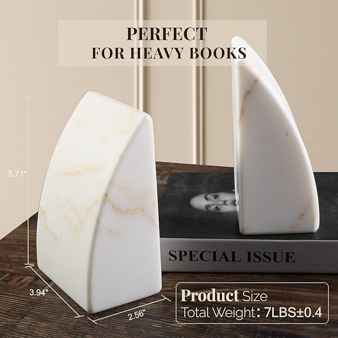 Koville Marble Bookends for Shelves, Large Bookends for Heavy Books, Natural Stone Book Stopper for Books CD Movies, Aesthetic Decorative Book Ends (Golden Calacatta)