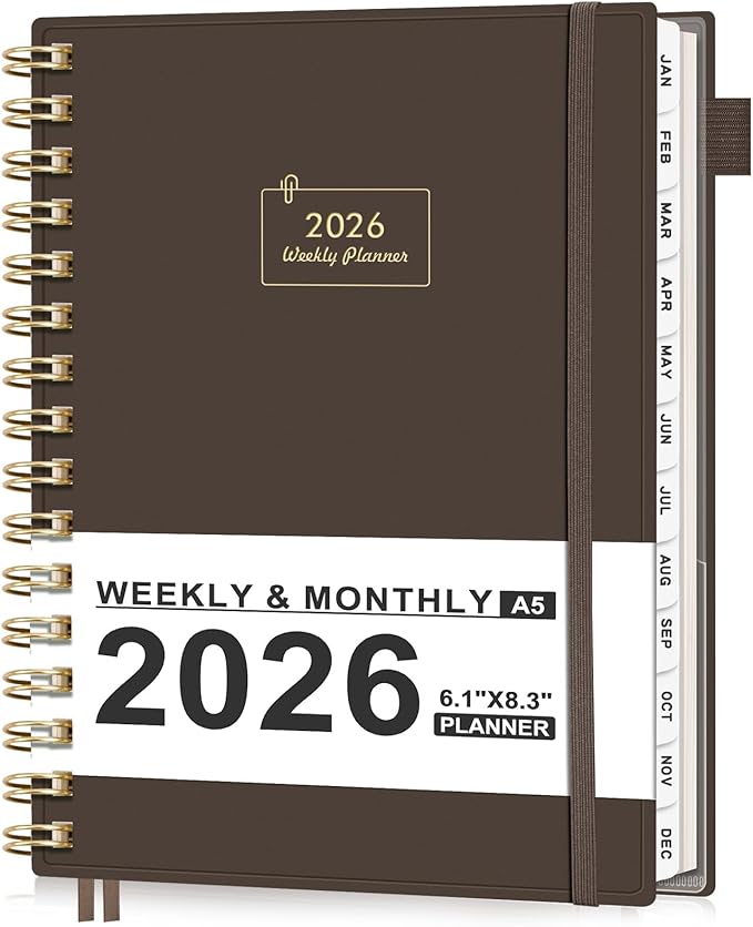 AHGXG 2026 Planner, Weekly and Monthly, Jan 2026 - Dec 2026, 12 Months, 2026 Calendar Planner Book with Tabs for Men Women School Home Office Supplies, A5 (6" X 8.38"), Coffee