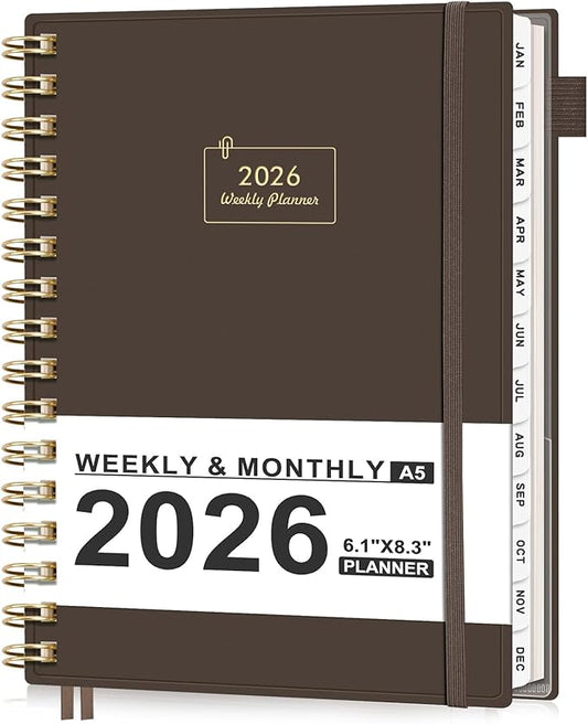 AHGXG 2026 Planner, Weekly and Monthly, Jan 2026 - Dec 2026, 12 Months, 2026 Calendar Planner Book with Tabs for Men Women School Home Office Supplies, A5 (6" X 8.38"), Coffee