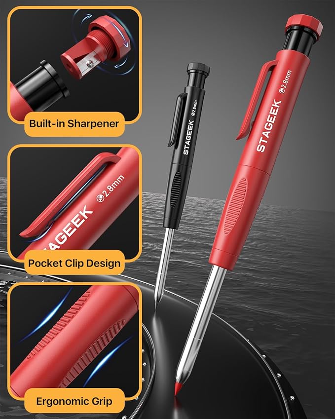 4PCS Carpenter Pencils with Sharpener, Heavy Duty Woodworking Pencils, Mechanical Carpenter Pencil with 52 Refills, Deep Hole Long Nib Marker Pens for Architect Construction Marking with Case