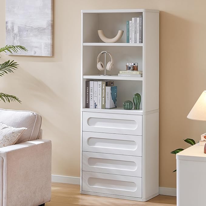 Bookcase with 4 Drawers, 72.1" Tall Bookshelf with 3 Storage Shelves, Large Bookshelves Cabinet for Living Room, Bedroom, Home Office (White)