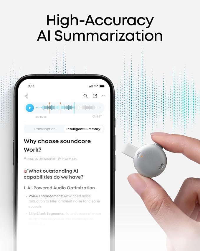 soundcore Work by Anker Portable AI Voice Recorder, AI Transcription & Summarization, 6-Month Pro at No Charge, Cross-Meeting Summary, Double-Tap to Mark, MFi Certified, Privacy Protection(White)