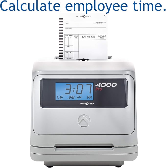 Pyramid Time Systems - Model 4000 Auto Totaling Time Clock, Electronic Time Punch Clock for Small Business, Bundle Includes: 25 Time Cards,Ribbon and 2 Security Keys - Silver ( 7.25"h x 7"w x 6.75"d)
