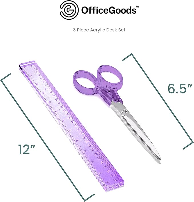 OfficeGoods 3 Piece Acrylic Desk Set - Includes Ruler, Staple Remover, Scissors - Functional & Elegant Desk Accessories - Stationery Tools for Home, Office, and School - Purple with Silver Metal