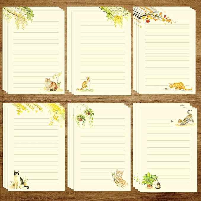 36PCS Cat Theme Stationery Set, Warm Yellow Healing Style Letter Writing Paper with Cute Kitty Illustrations and Envelopes for Letters, Invitations, Holiday Greetings, Party Notes and Gifts