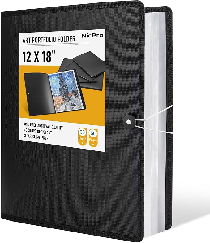 Nicpro 12x18" Art Portfolio Folder, 30 Pockets Display 60 Pages Art Painting Portfolio Binder with Clear Plastic Sleeves, Presentation Storage Book for Kids & Artists Artwork Drawing - (Black)