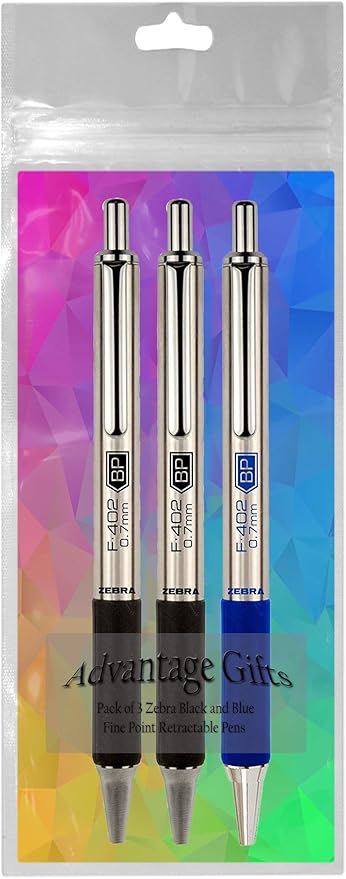 Zebra F-402 Ballpoint Stainless Steel Retractable Pen, Fine Point, 0.7mm, Black/Blue Ink, 3-Count Bundle with Plastic Reusable Pouch
