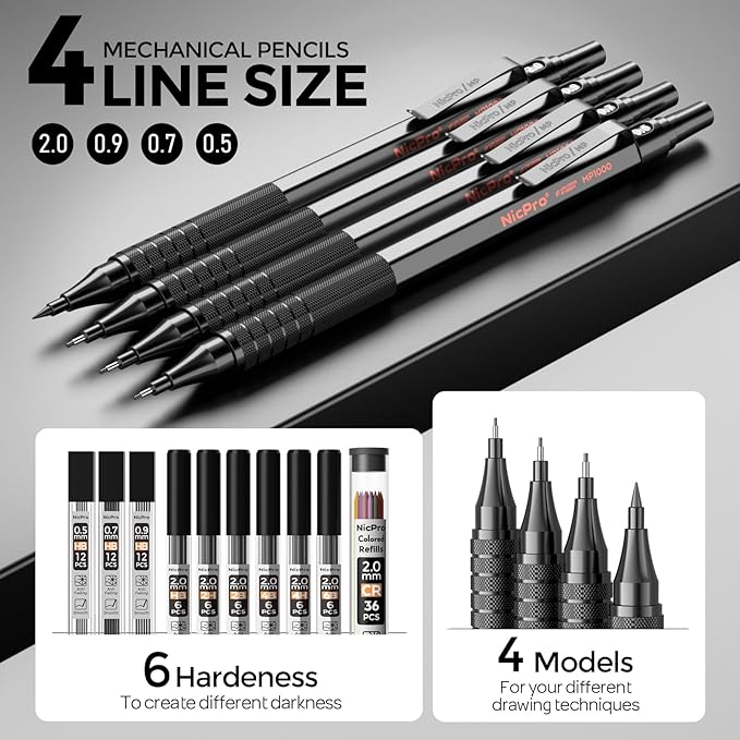Nicpro 30PCS Black Metal Mechanical Pencil Set in Leather Case, Art Drafting Pencil 0.5, 0.7, 0.9 mm, 2mm Lead Pencil Holders for Sketching Drawing With 16 Tube (6B 4B 2B HB 2H 4H Colors)Lead Refills
