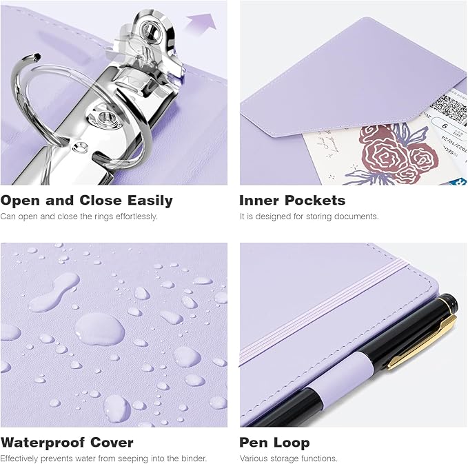 Ospelelf Mini Binder 2 Inch Small 3 Ring Vintage Leather Clipboard 5.5" x 8.5", Professional Binder Organizer Dividers with Tabs, Purple