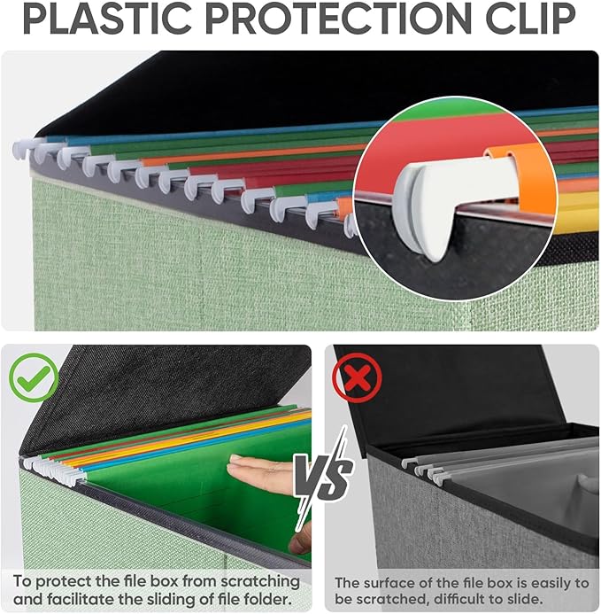 BALEINE File Organizer Box with Lid, Collapsible File Folder Organizer with Plastic Slide, Hanging File Folder Box for Office Document Storage (1 Pack, Green)