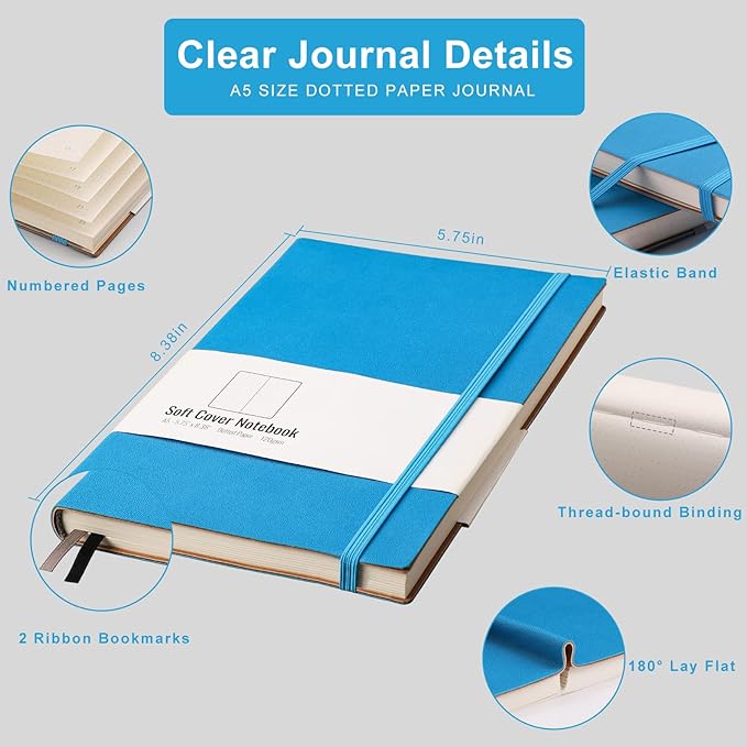 AHGXG Dotted Bullet Grid Journal 2 Pack - A5 Dot Grid Notebook Softcover, Medium 5.75'' × 8.38'', 320 Numbered Pages, 120gsm Thick Dotted Paper, Soft Leather Cover (Black Blue)