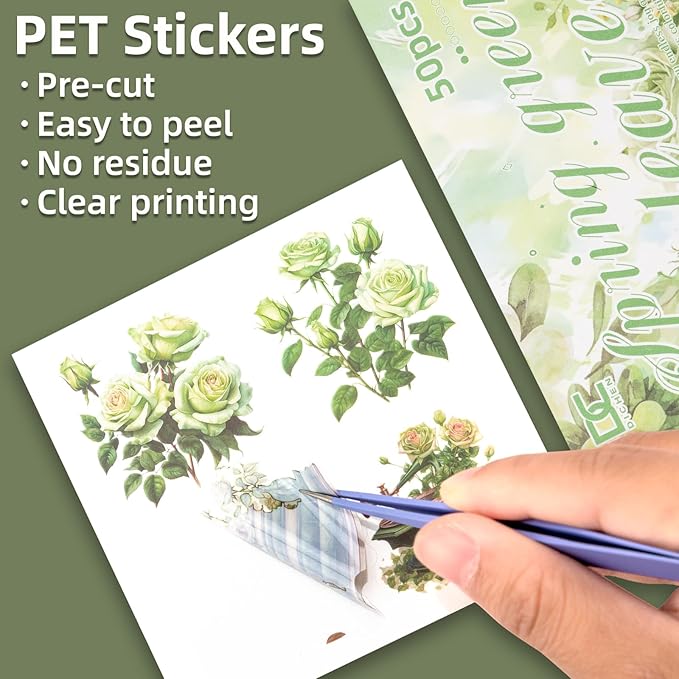 Green Leaf Theme Sticker Scrapbooking Supplies for Junk Journal 50 Sheets, Include 25 PET Stickers and 25 Paper of Scene Material Paper - Vintage Journaling Stickers (TZ-006-008)