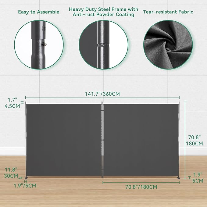 Helios&Hestia 2-Panel 6 ft Tall Indoor Folding Room Divider, Portable Privacy Screen, Freestanding Partition Separator, Temporary Wall Separation for Bedroom, Office, 142" W X 71" H, Dark Grey