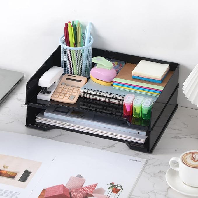 2 Pcs Stackable Letter Tray Rectangular Plastic Desk Organizer 13 x 9.5 x 2.6 in Paper Holder File Tray Accessories Rack for Desktop Office Desk Drawers (Black)