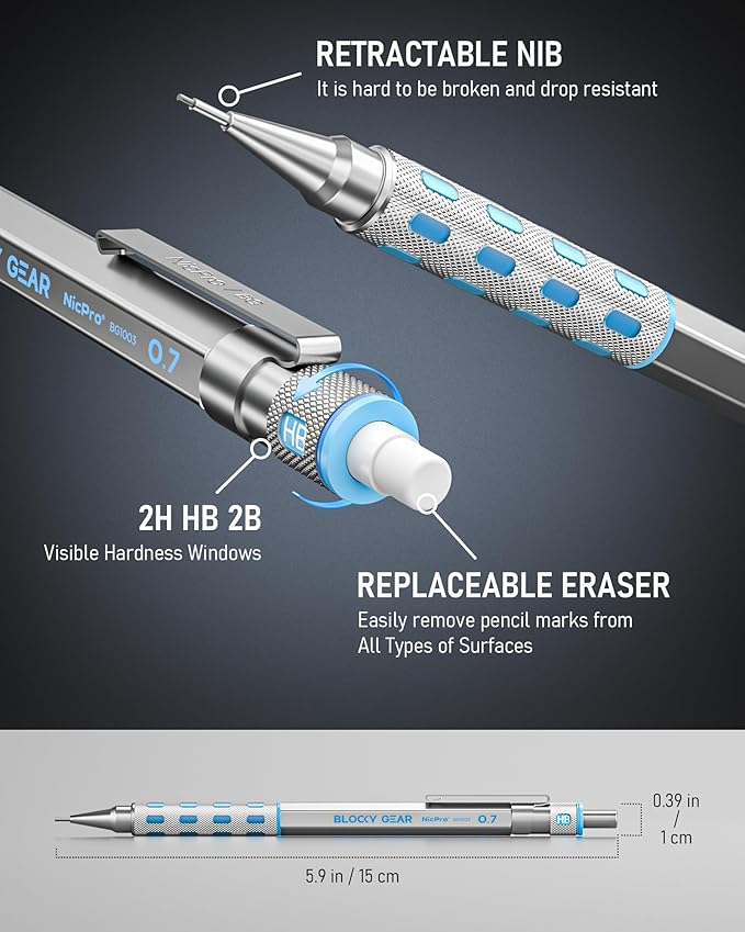 Nicpro 3 Pack Blocky Gear 0.7 mm Metal Mechanical Pencils Set with Case, Lead Drafting Pencil with 8 Tube (480PCS) Lead Refills(HB 2B), 4 Erasers, 18 Eraser Refills for Art Writing, Sketching Drawing
