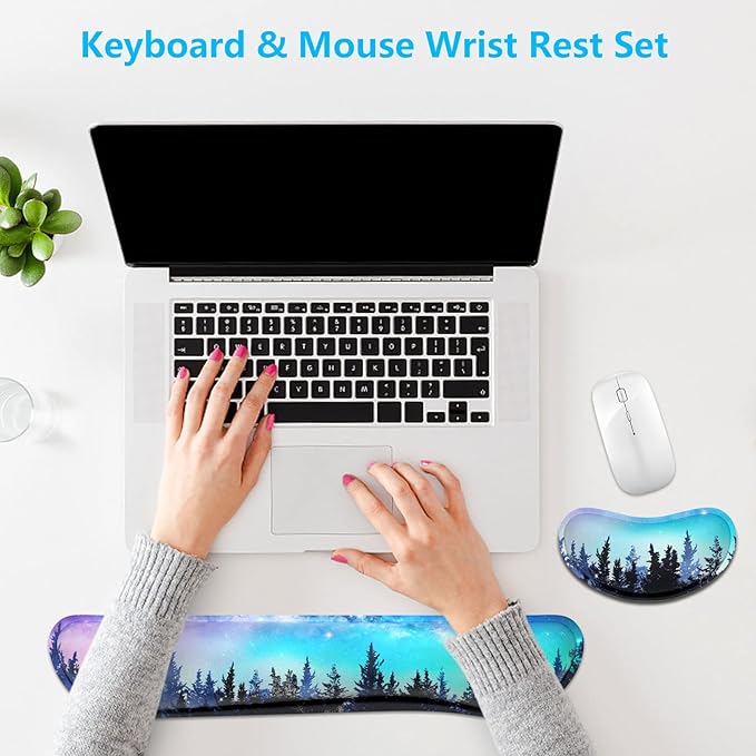 Dapesuom Enlarge Keyboard Wrist Rest, Memory Foam Wrist Cushion for Desk Mats Support, Cute Typing Pain Relief Keyboard Mouse Pad Rests Set with Non-Slip Base for Gaming Laptop Office Computer, Forest
