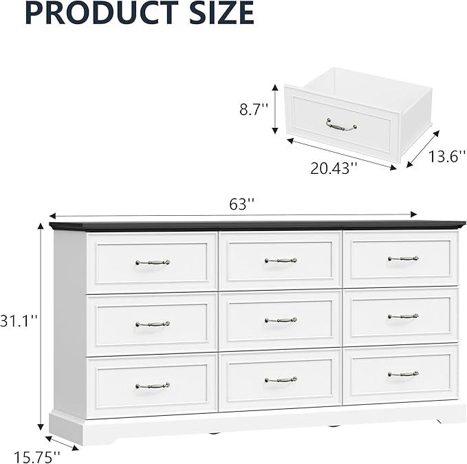 9 Drawer Dresser for Bedroom, 63" Wide Wooden Chest of Drawers, Rustic Farmhouse Dresser with Large Drawers & Metal Handles, Modern Storage Organizer for Closet, Living Room, Hallway, White