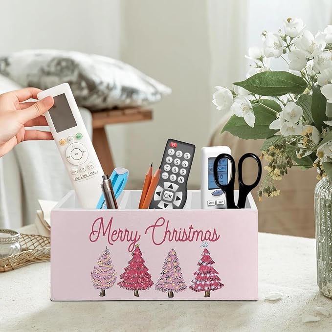 Pink Merry Christmas Tree Pen Pencil Holder Organizer for Desk Accessories, Pink Pencil Holder, Preppy Girly Xmas Wooden Box Signs Decorations for Home Office Desk Tabletop