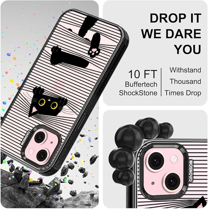 MOSNOVO Case for iPhone 15, [10ft 4X Military-Grade Drop Protection] Durable & Shockproof Phone Case Cover Design for iPhone 15 - Hidden Black Cat - Clear Black
