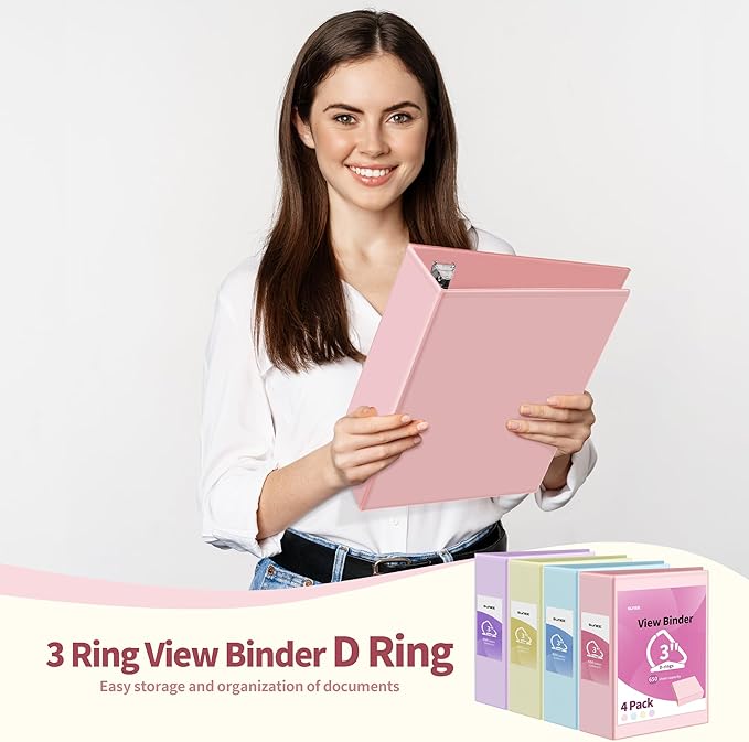 SUNEE 3 Ring Binder 3 Inch D Ring, Clear View Binder Three Ring PVC-Free (Fit 8.5x11 Inches) for School or Office Supplies, Assorted Pastel, 4 Pack