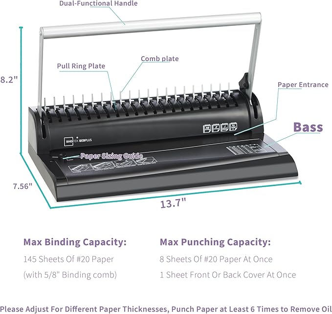 Binditek Binding Machine, 19-Hole, 145 Sheets, Comb Binder Machines with 30 PCS 1/2" Binding Combs, for Letter Size, Fixed Margin