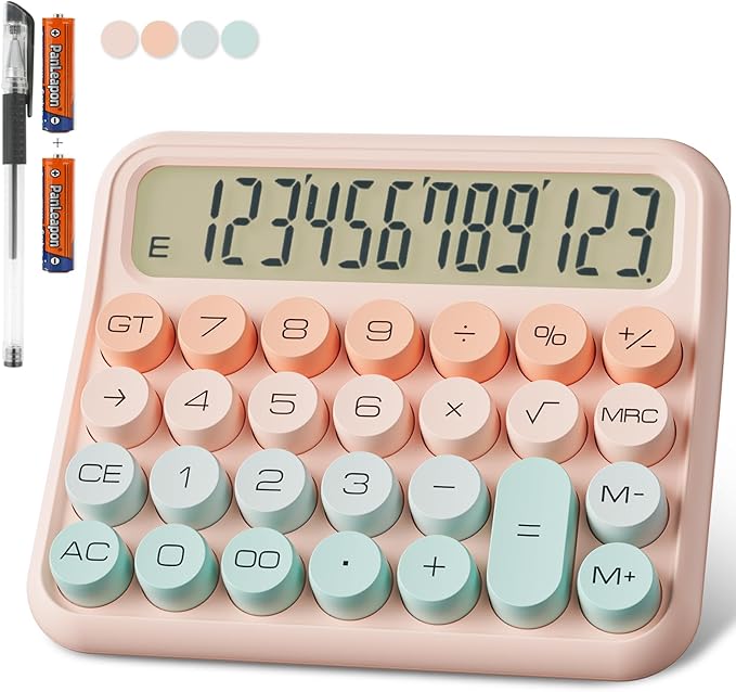 Mechanical Calculator 12 Digit Extra Large 5-Inch LCD Display, DECKLIT Battery Desk Calculator, Big Buttons Easy to Press Office Calculators Desktop, 15°Tilt Screen for Kids Calculator(Green&Pink)