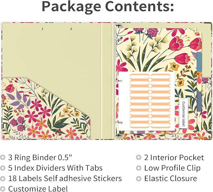 Ospelelf 3 Ring Binder, 1/2 Inch, Cute Floral Binder for Letter Size (11" x 8.5") with 5 Tab Dividers, File Folder Labels and Low Profile Clipboards