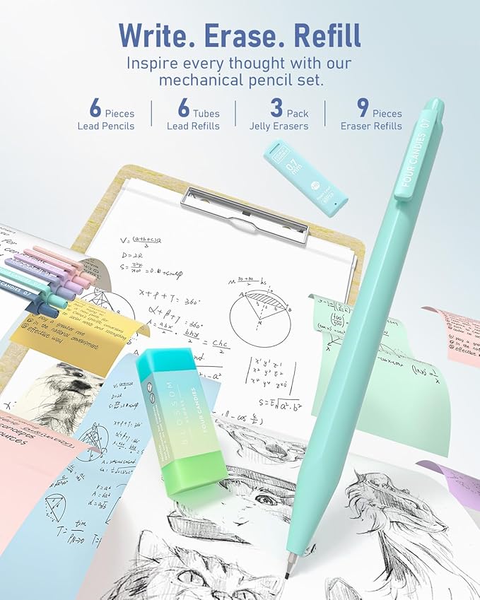 Four Candies 39 PCS Aesthetic School Supplies with Cute Pen Case, 12 Pastel Highlighters, 5 Black Ink Gel Pens, 6 Mechanical Pencils Set for Students Stationary College Essentials (Blue)