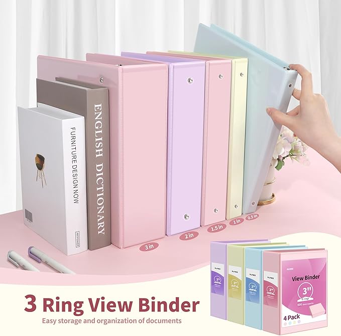 SUNEE 3 Ring Binder 3 Inch 4 Pack, 3" Clear View Binder Three Ring PVC-Free (Fit 8.5x11 Inches) for School or Office Supplies, Assorted Pastel