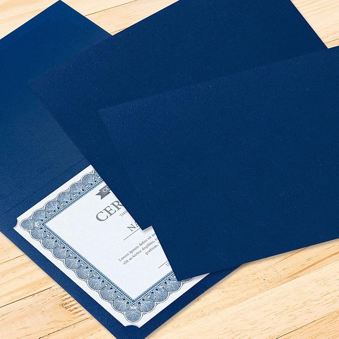 Plain Blue Certificate Folders - Pack of 10, Linen Cover 80 lb. Stock, Folded, Die-Cut Corners, for Office, Business Awards, Graduation, School Diploma Holder, 9-1/2" x 12
