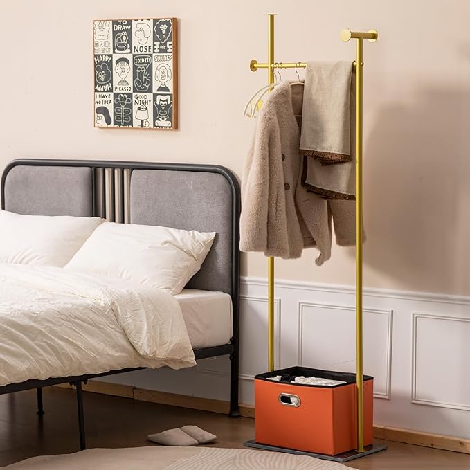 Coat Rack Freestanding with Storage Basket Heavy Duty Clothes Rack Marble Base Modern Coat Stand for Bedroom Living Room Hotel 13.39" D x 19.69" W x 68.9" H (Gold)