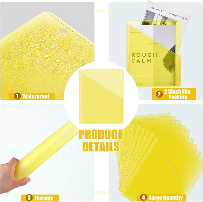 Seajan 48 Pcs Pocket Folders for 3 Ring Binder Clear Plastic Folders Sleeves with 2 Pockets 3 Hole Punch Binder Dividers Poly Slash File Jackets for Office School Document Organizer (Yellow)