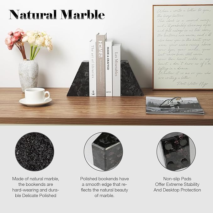 Marble Bookend for Heavy Books, Decorative Bookends for Shelves, Durable and Heavy-Duty Book End for Hardback Book & CDS, Unique Book Stopper & Holder, Meteorus, Set of 2