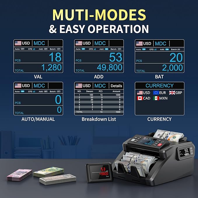 PONNOR N70 Mixed Denomination Money Counter Machine, Value Counting, Cash Counter with Three Displays, UV/MG/IR/MT Counterfeit Detection for Money Counting, Printer Enabled Bill Counter for Business